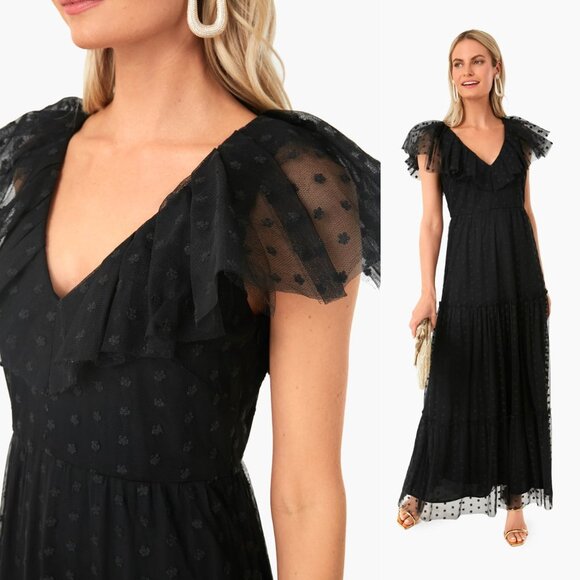 Tuckernuck NEW Black Onyx Tulle Giselle Formal Flutter Sleeve Maxi Gown Size XS - Picture 1 of 11